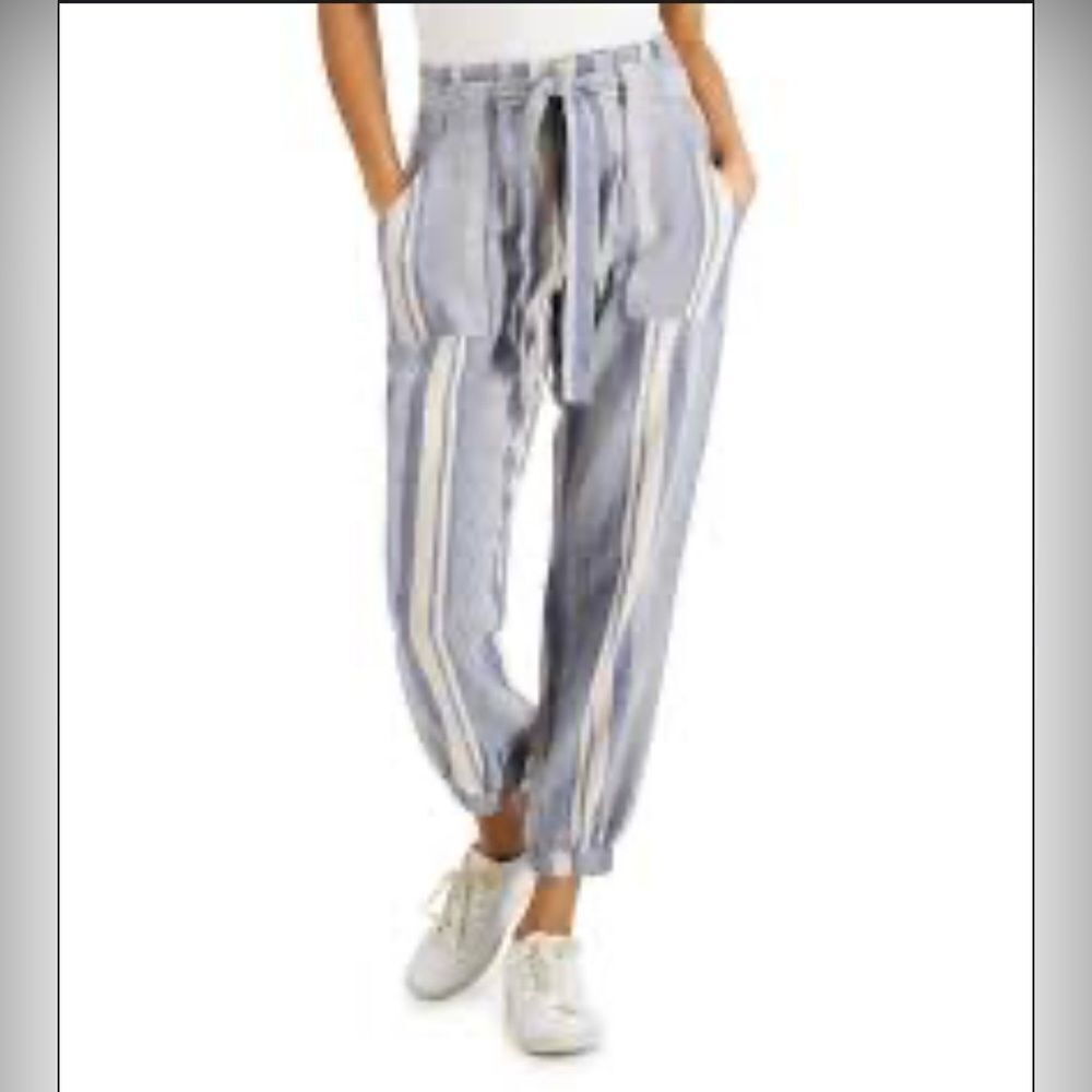 Indigo Rein Linen Blend High Waisted Striped Belted Paperbag Jogger Pants SZ XS
